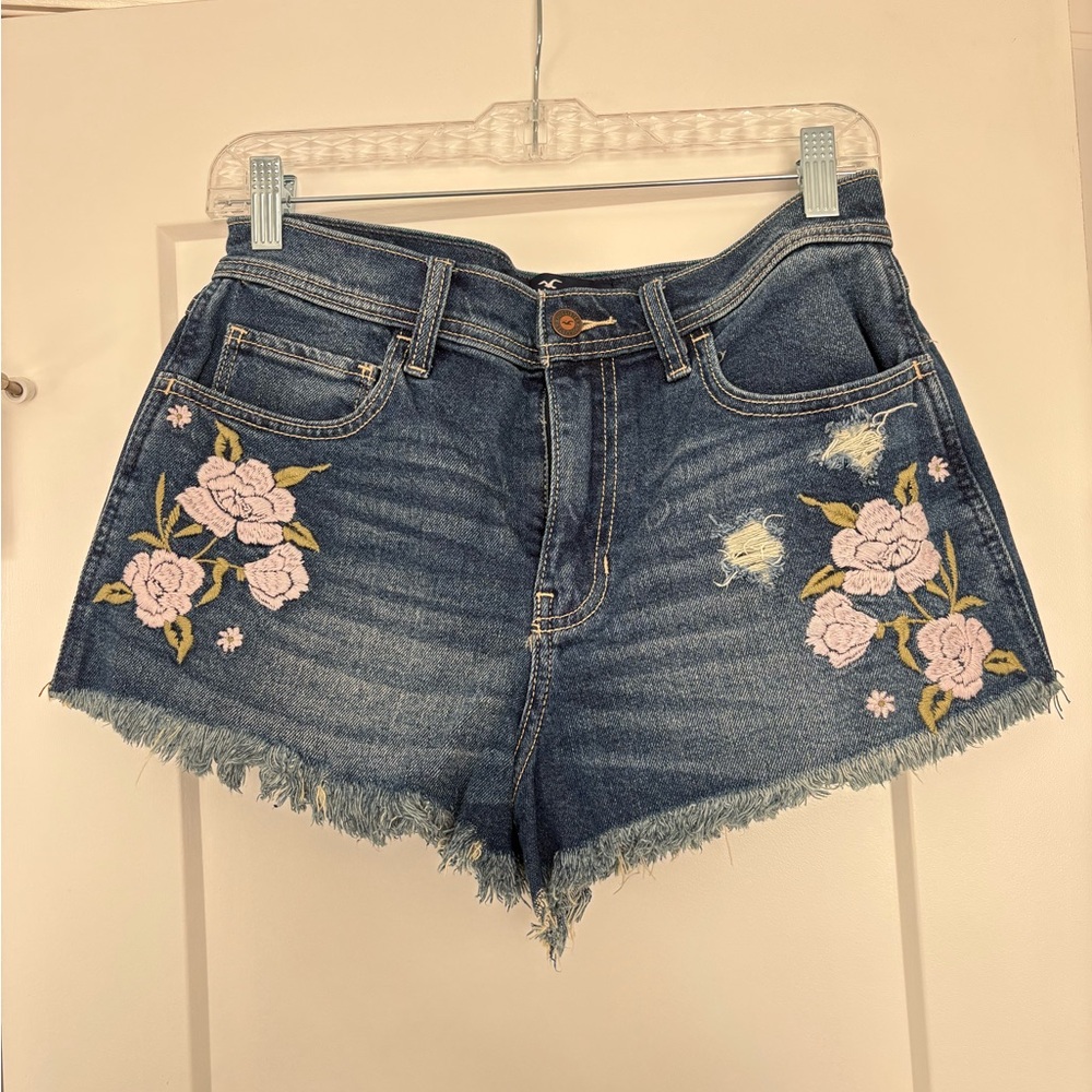 Hollister Blue Jean Shorts with Pink Floral Embroidery